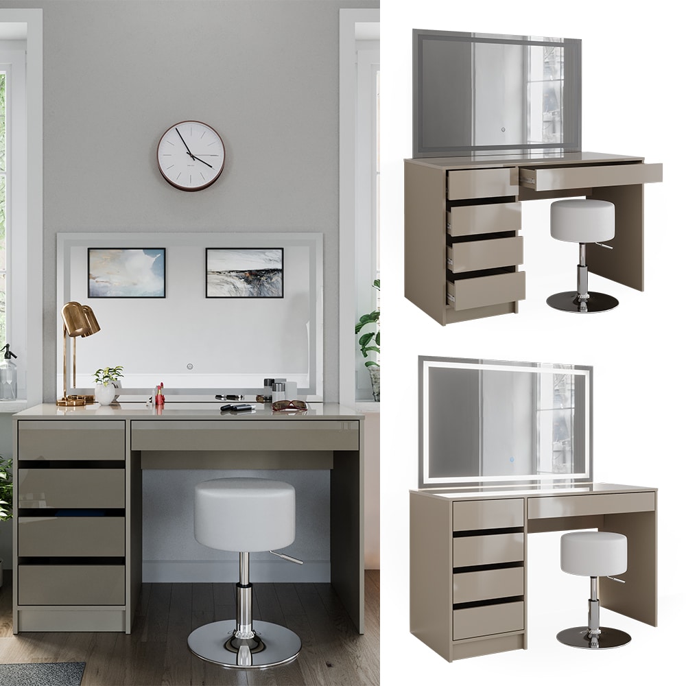 Vicco Schminktisch Sherry Greige Hochglanz 120 x 75 cm 5 Schubladen LED-Spiegel Hocker - Bild 1