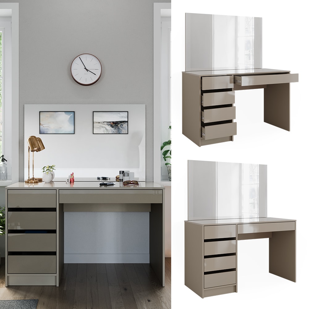 Vicco Schminktisch Sherry Greige Hochglanz 120 x 75 cm 5 Schubladen Spiegel - Bild 1