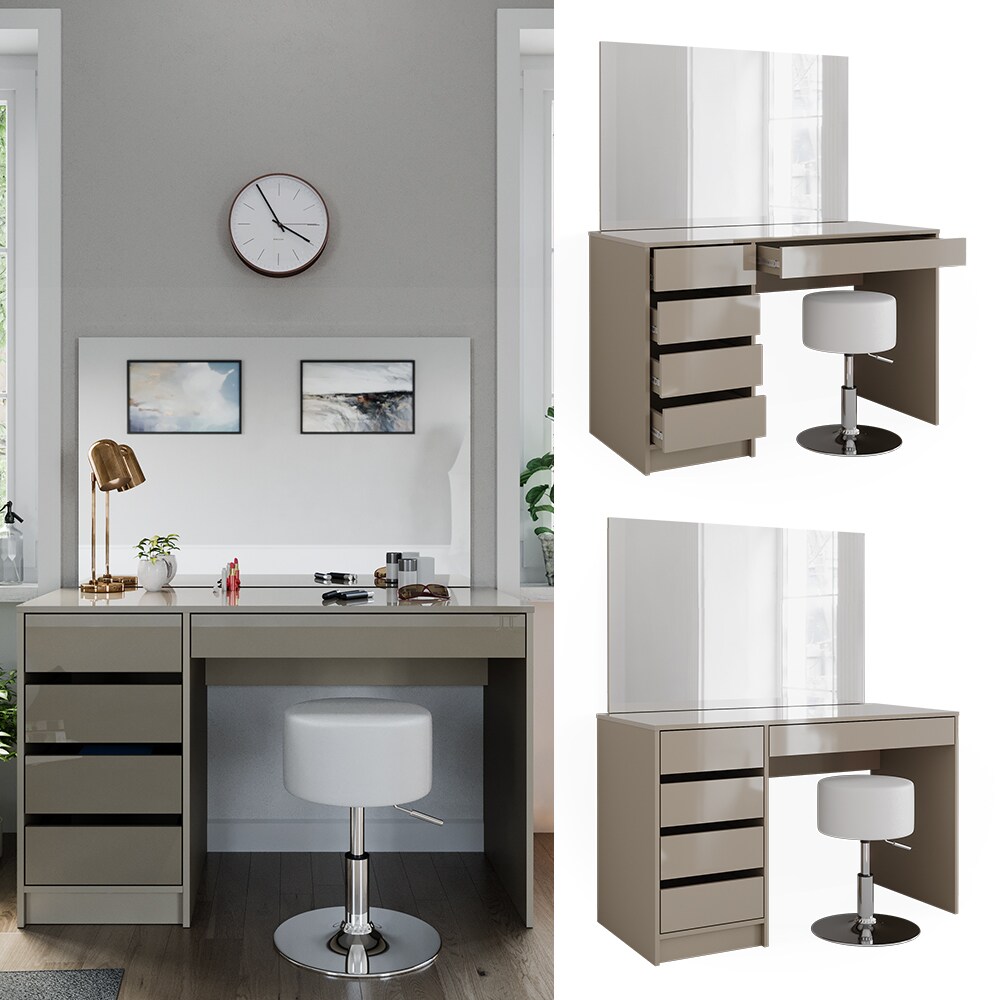 Vicco Schminktisch Sherry Greige Hochglanz 120 x 75 cm 5 Schubladen Spiegel Hocker