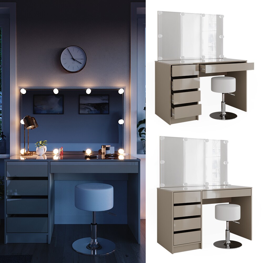 Vicco Schminktisch Sherry Greige Hochglanz 120 x 75 cm 5 Schubladen Spiegel Hocker LED - Bild 1