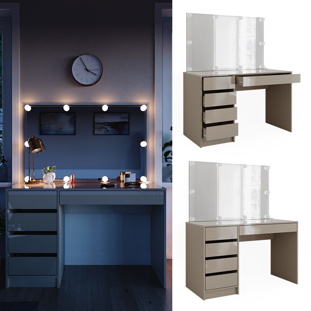 Vicco Schminktisch Sherry Greige Hochglanz 120 x 75 cm 5 Schubladen Spiegel LED - Bild 1