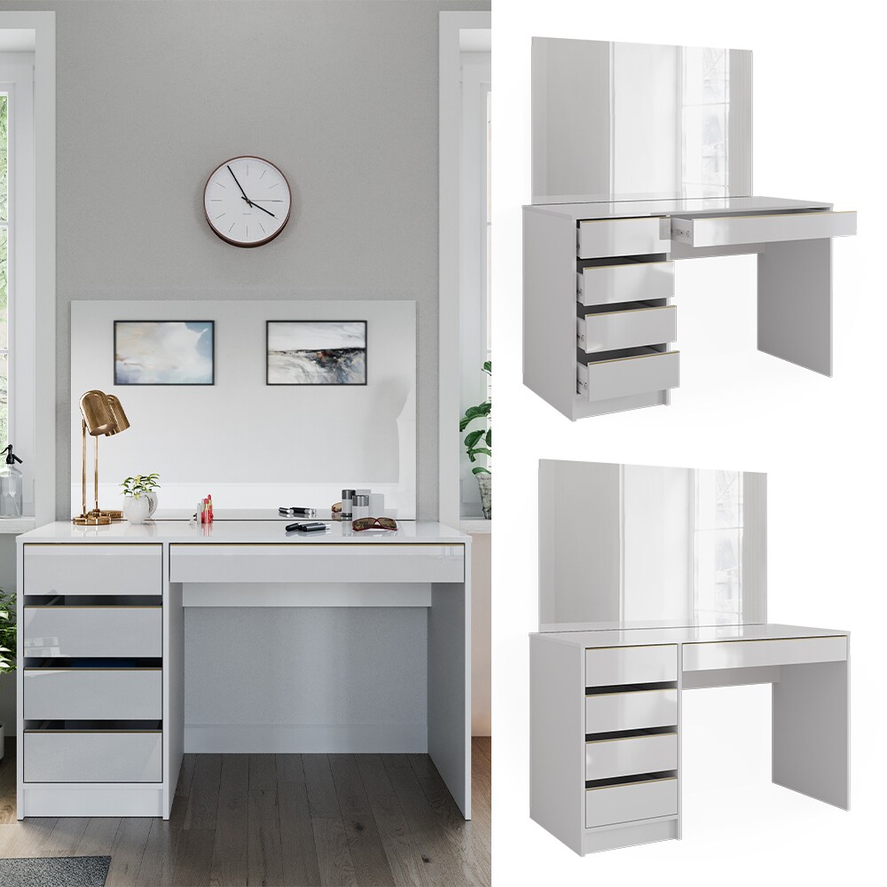 Vicco Schminktisch Sherry Wei&szlig; Hochglanz Gold 120 x 75 cm 5 Schubladen Spiegel - Bild 1