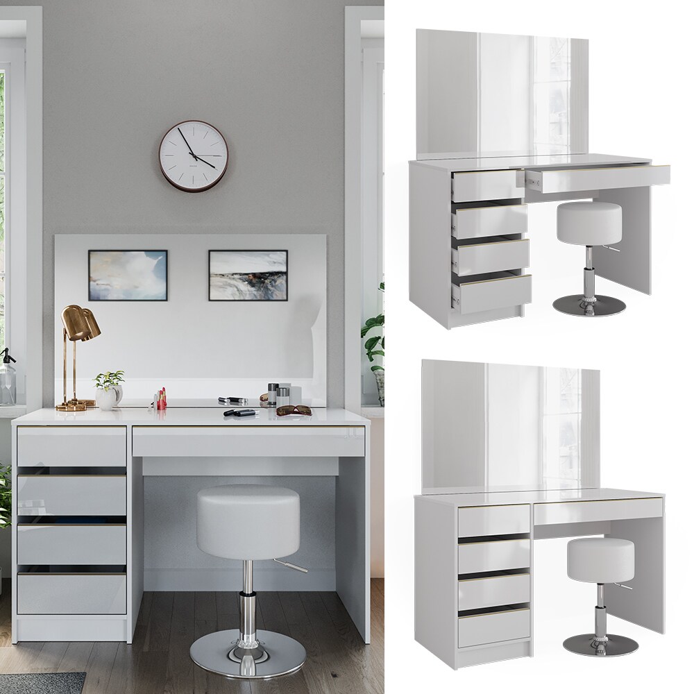 Vicco Schminktisch Sherry Weiß Hochglanz Gold 120 x 75 cm 5 Schubladen Spiegel Hocker | 04066731412419