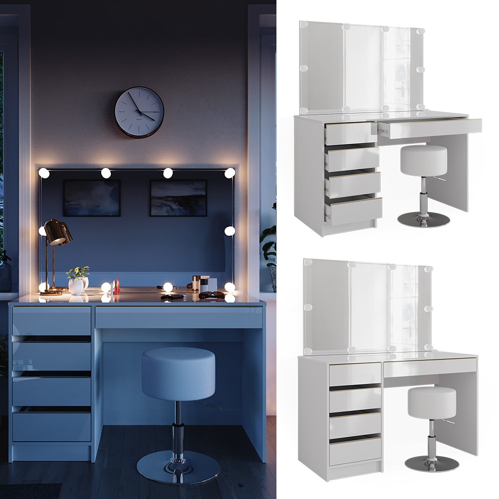 Vicco Schminktisch Sherry Wei&szlig; Hochglanz Gold 120 x 75 cm 5 Schubladen Spiegel Hocker LED - Bild 1
