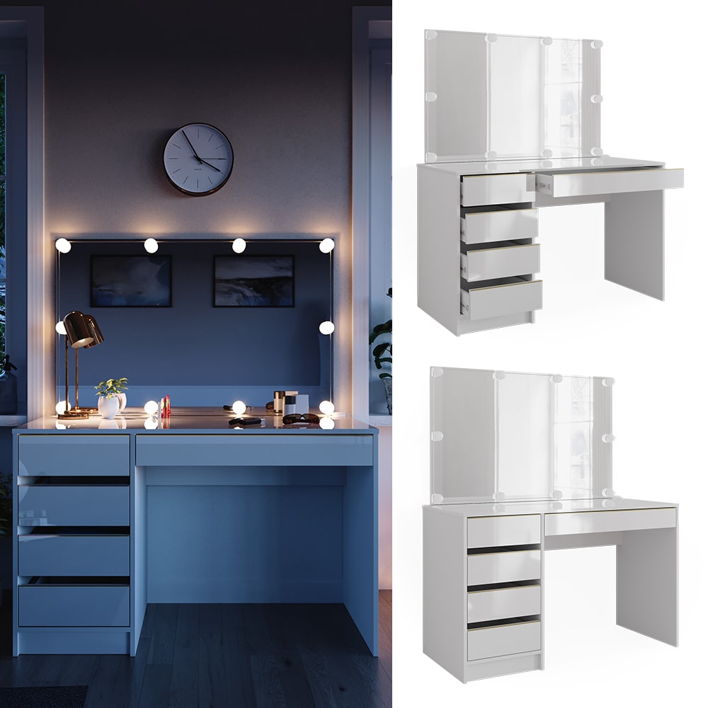 Vicco Schminktisch Sherry Wei&szlig; Hochglanz Gold 120 x 75 cm 5 Schubladen Spiegel LED - Bild 1