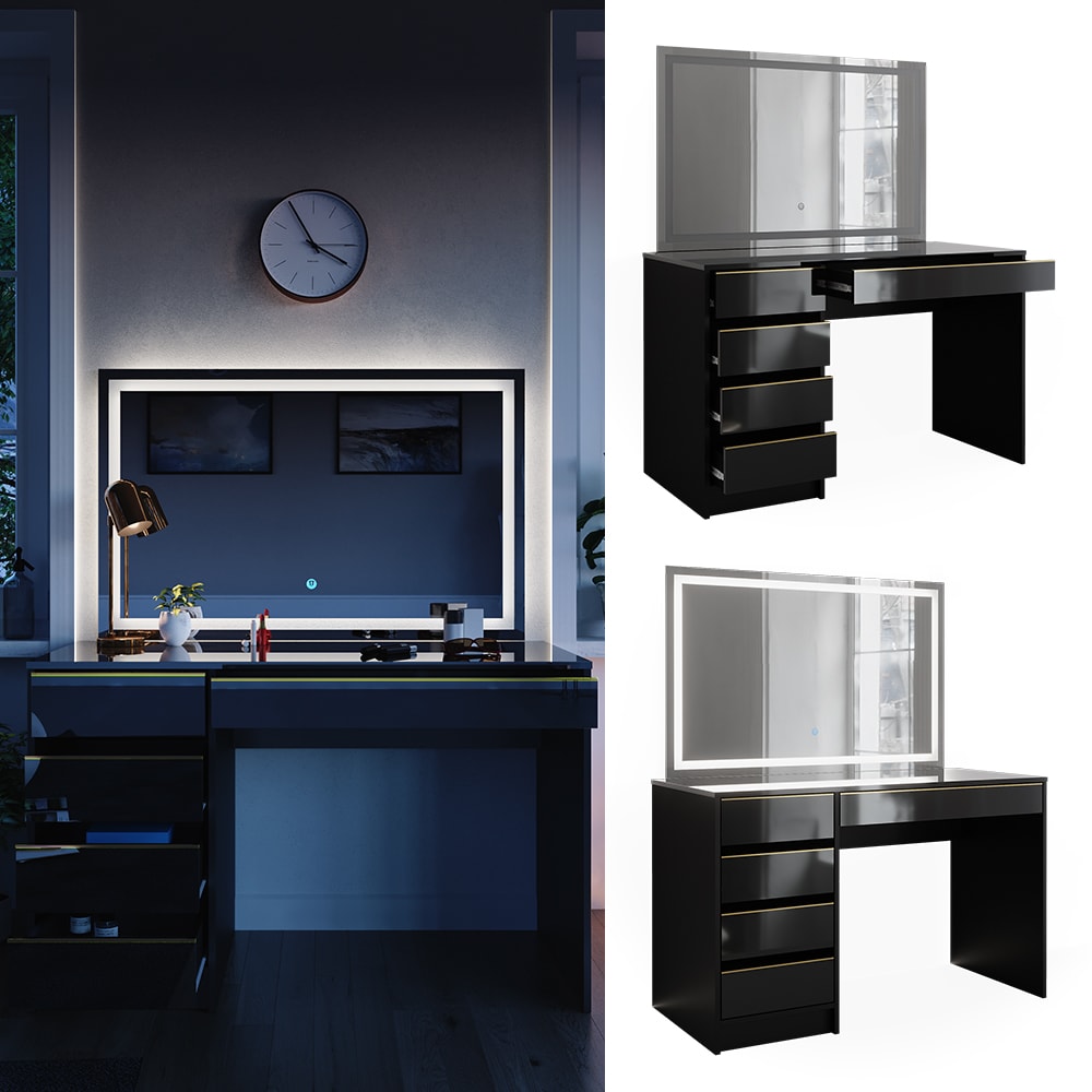 Vicco Schminktisch Sherry Schwarz Hochglanz Gold 120 x 75 cm 5 Schubladen LED-Spiegel - Bild 1