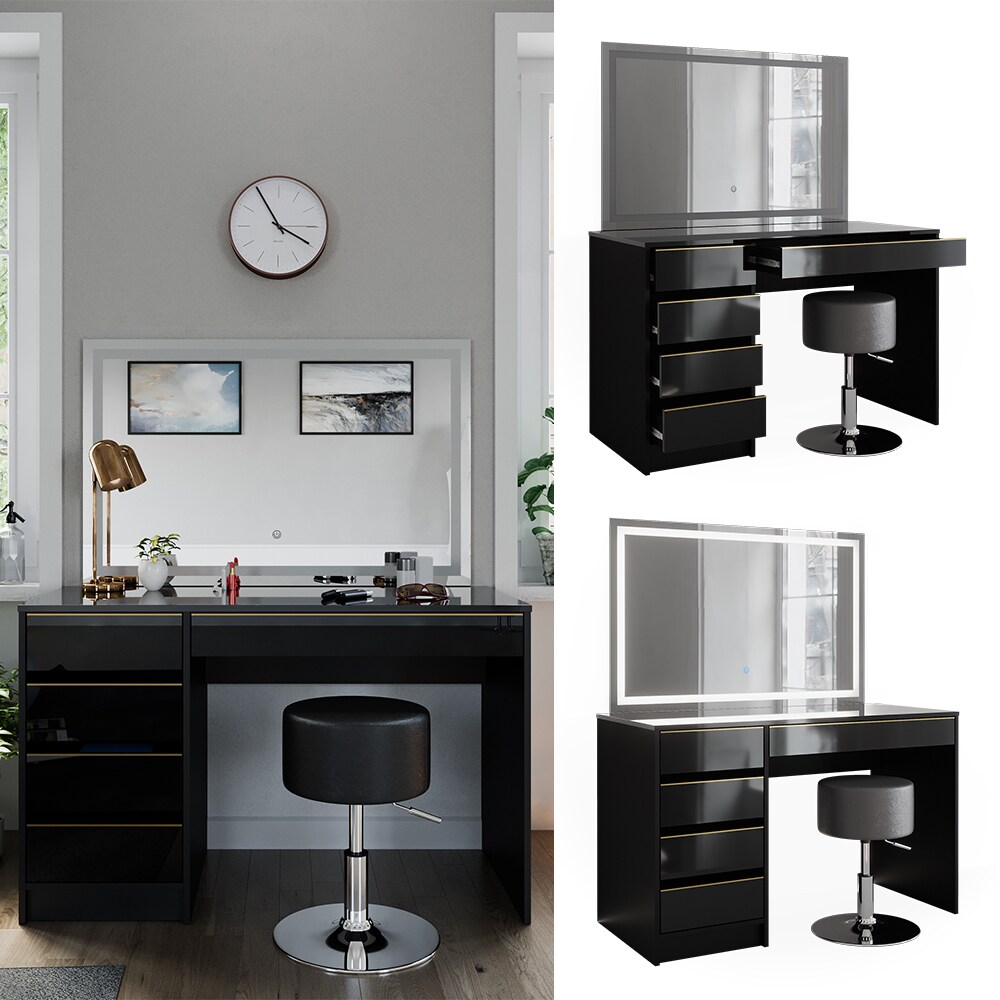 Vicco Schminktisch Sherry Schwarz Hochglanz Gold 120 x 75 cm 5 Schubladen LED-Spiegel Hocker - Bild 1