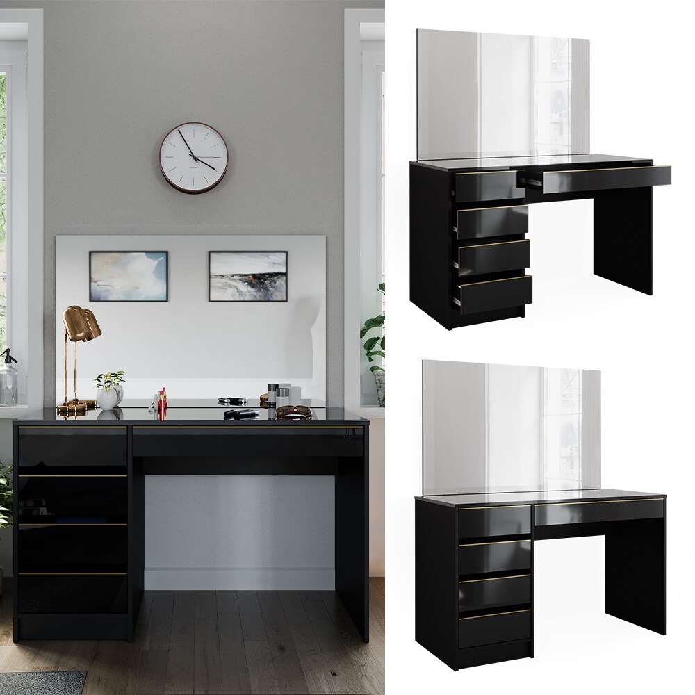 Vicco Schminktisch Sherry Schwarz Hochglanz Gold 120 x 75 cm 5 Schubladen Spiegel