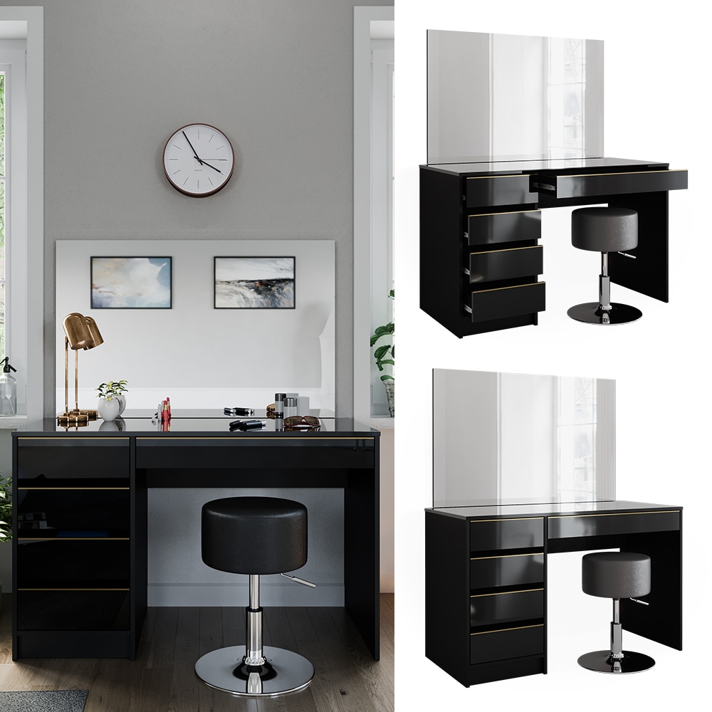 Vicco Schminktisch Sherry Schwarz Hochglanz Gold 120 x 75 cm 5 Schubladen Spiegel Hocker - Bild 1