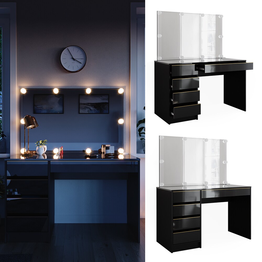 Vicco Schminktisch Sherry Schwarz Hochglanz Gold 120 x 75 cm 5 Schubladen Spiegel LED - Bild 1