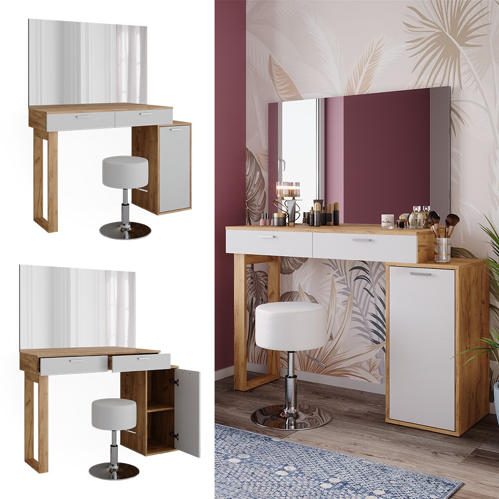 Vicco Schminktisch Regina Eiche Wei&szlig; 130 cm mit Hocker - Bild 1
