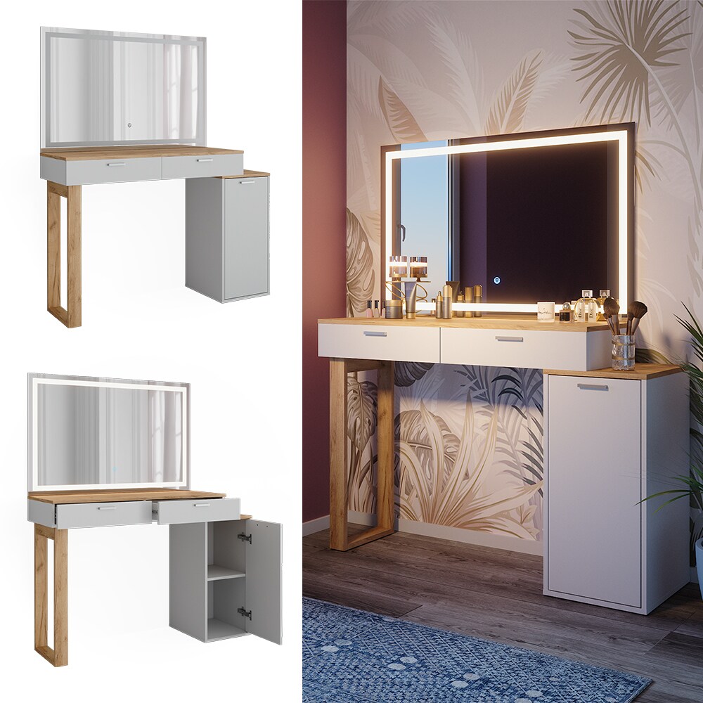 Vicco Schminktisch Regina Wei&szlig; Eiche 130 cm mit LED-Spiegel - Bild 1