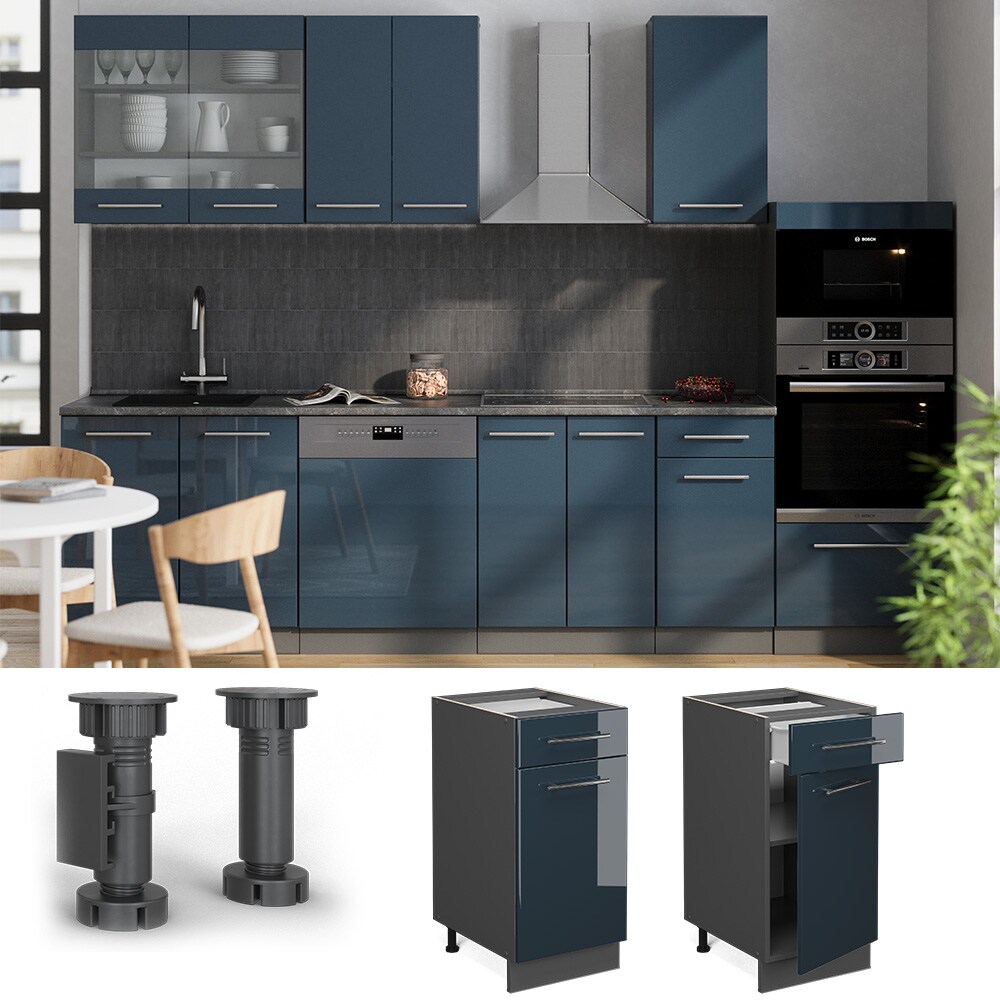 Vicco Schubunterschrank Fame-Line Anthrazit Dunkelblau Hochglanz 40 cm mit Arbeitsplatte Eiche