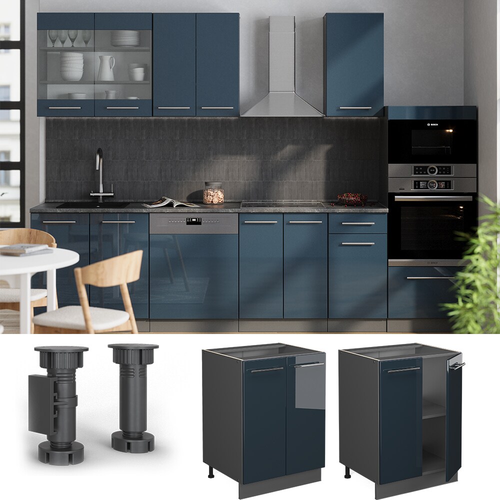 Vicco Unterschrank Fame-Line Anthrazit Dunkelblau Hochglanz 60 cm mit Arbeitsplatte Eiche