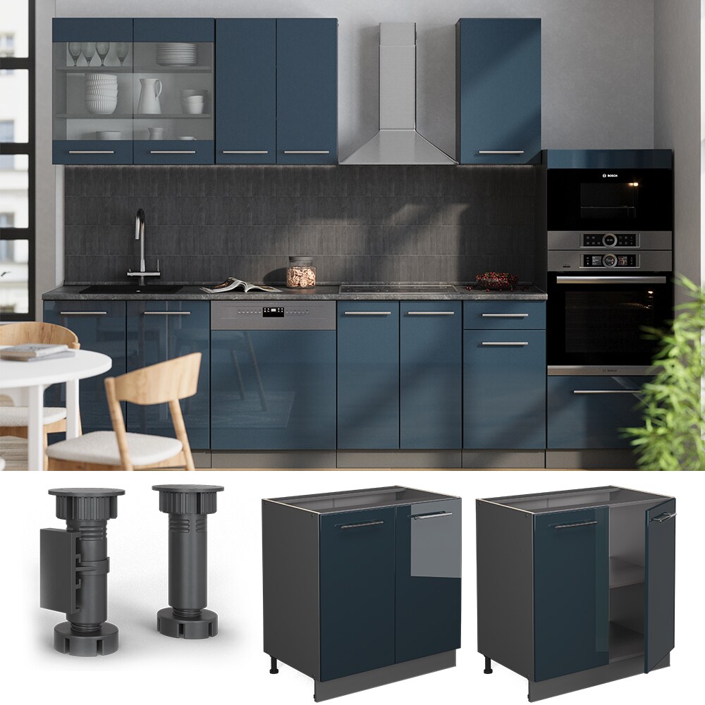 Vicco Unterschrank Fame-Line Anthrazit Dunkelblau Hochglanz 80 cm mit Arbeitsplatte Eiche