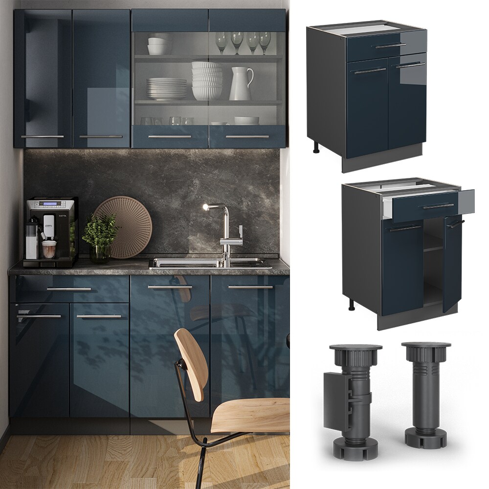 Vicco Schubunterschrank Fame-Line Anthrazit Dunkelblau Hochglanz 60 cm mit Arbeitsplatte Anthrazit