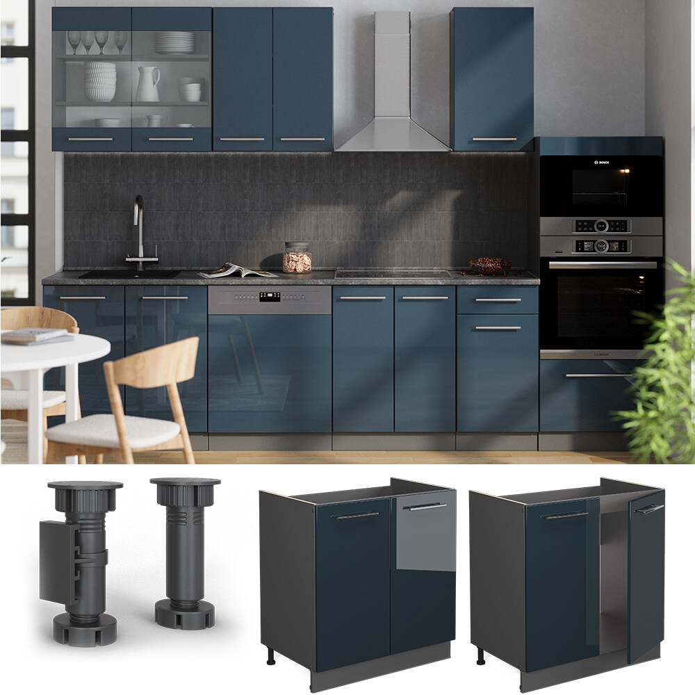 Vicco Spülenunterschrank Fame-Line Anthrazit Dunkelblau Hochglanz 80 cm mit Arbeitsplatte Eiche