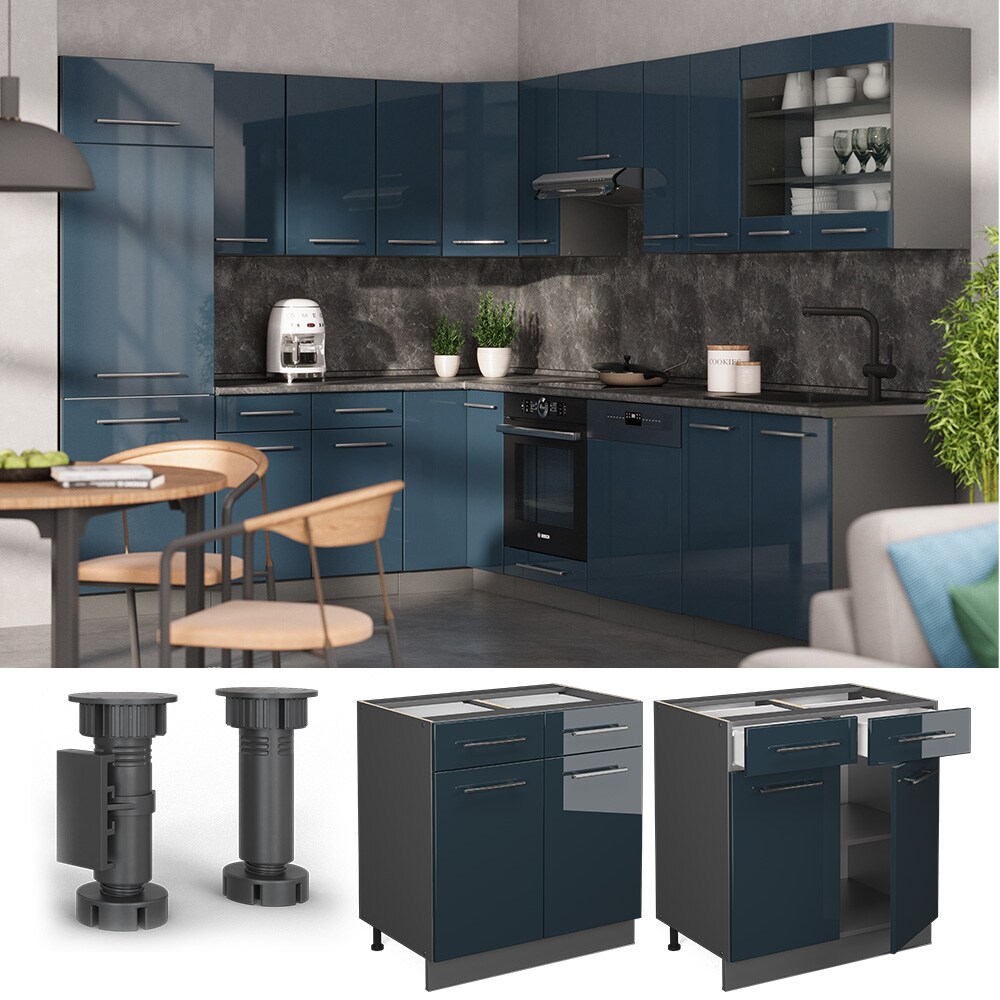 Vicco Schubunterschrank Fame-Line Anthrazit Dunkelblau Hochglanz 80 cm mit Arbeitsplatte Anthrazit