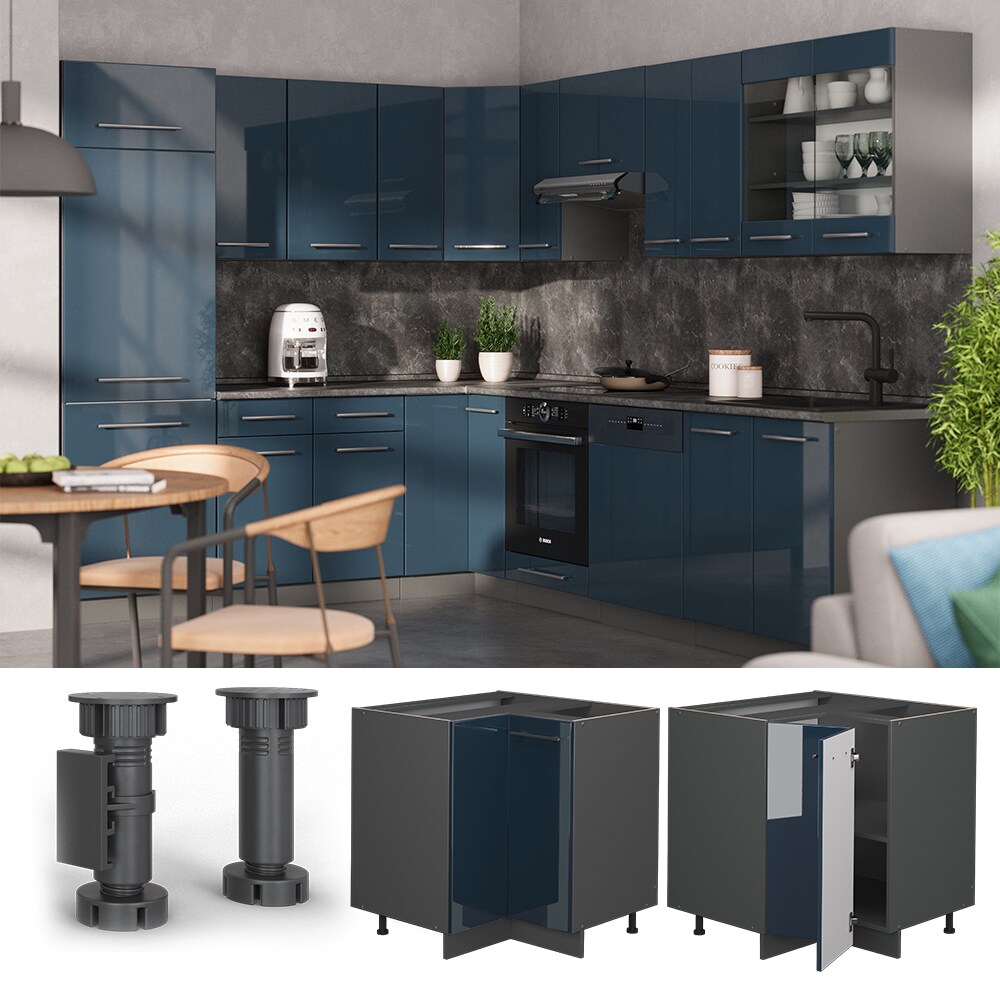 Vicco Eckunterschrank Fame-Line Anthrazit Dunkelblau Hochglanz 87 cm mit Arbeitsplatte Weiß-Marmor