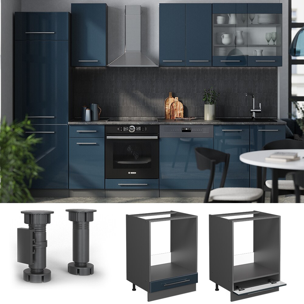 Vicco Herdumbauschrank Fame-Line Anthrazit Dunkelblau Hochglanz 60 cm mit Arbeitsplatte Anthrazit