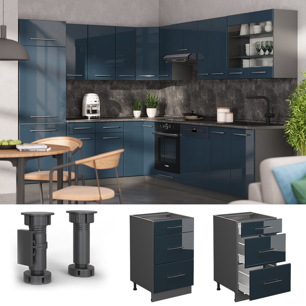 Vicco Schubladenunterschrank Fame-Line Anthrazit Dunkelblau Hochglanz 50 cm mit Arbeitsplatte Eiche