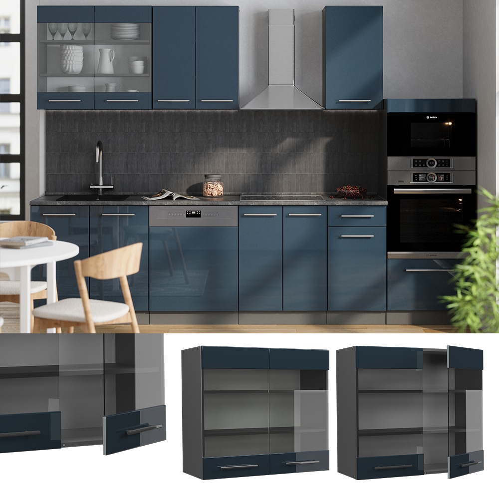 Vicco Glash&auml;ngeschrank Fame-Line Anthrazit Dunkelblau Hochglanz 80 cm - Bild 1