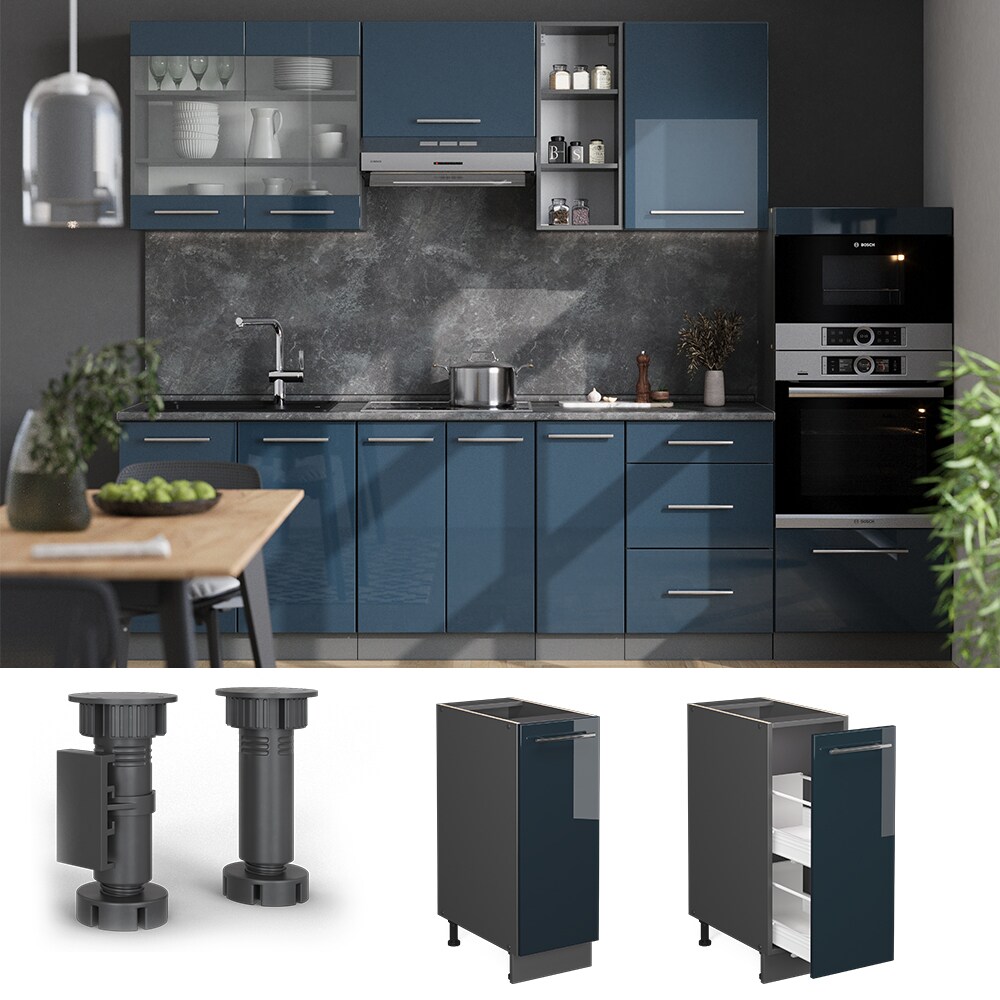 Vicco Apothekerunterschrank Fame-Line Anthrazit Dunkelblau Hochglanz 30 cm mit Arbeitsplatte Eiche