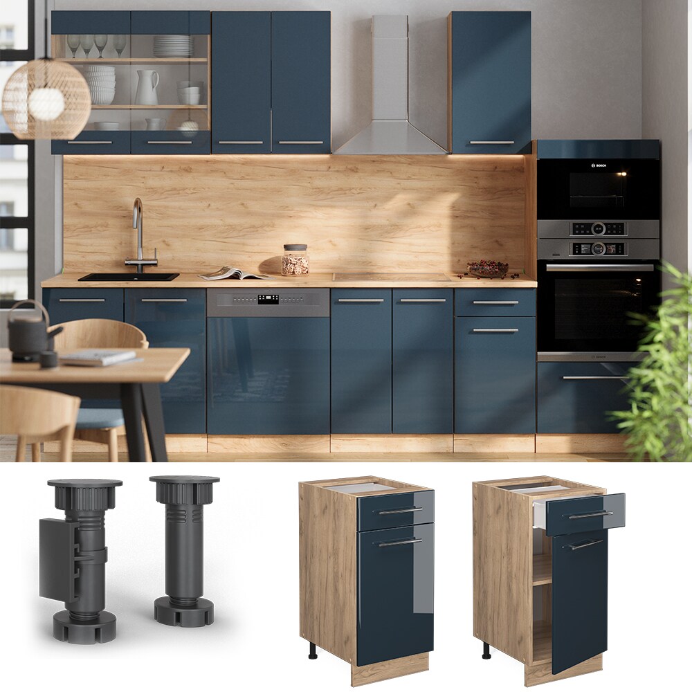 Vicco Schubunterschrank Fame-Line Eiche Dunkelblau Hochglanz 40 cm mit Arbeitsplatte Anthrazit