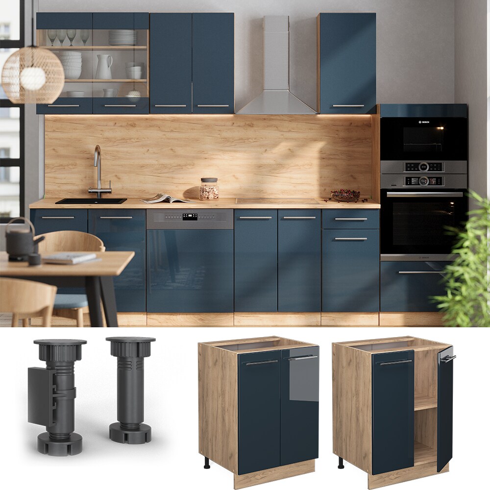 Vicco Unterschrank Fame-Line Eiche Dunkelblau Hochglanz 60 cm mit Arbeitsplatte Eiche