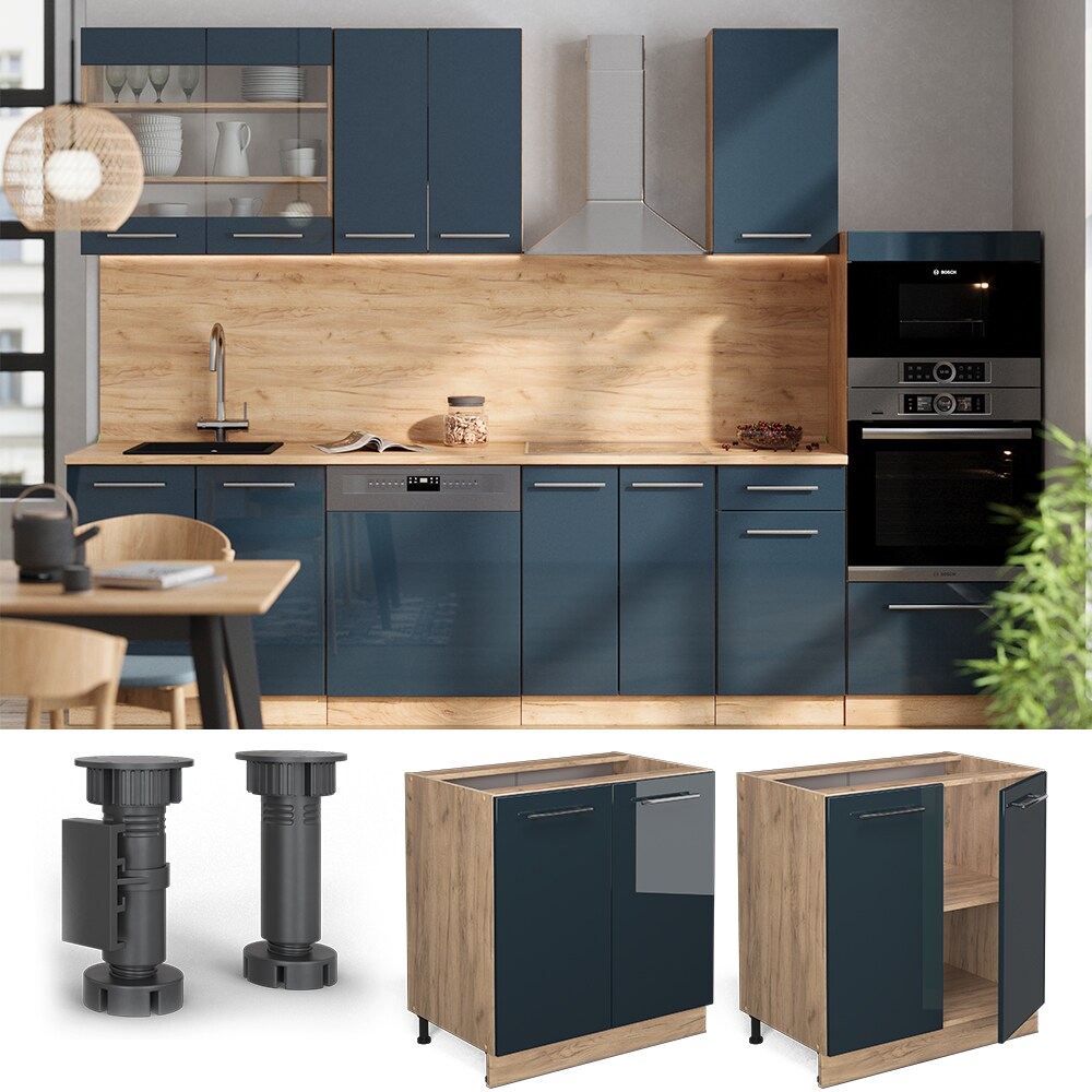 Vicco Unterschrank Fame-Line Eiche Dunkelblau Hochglanz 80 cm mit Arbeitsplatte Eiche