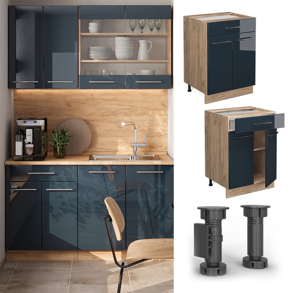 Vicco Schubunterschrank Fame-Line Eiche Dunkelblau Hochglanz 60 cm mit Arbeitsplatte Anthrazit
