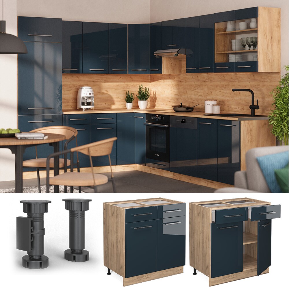 Vicco Schubunterschrank Fame-Line Eiche Dunkelblau Hochglanz 80 cm mit Arbeitsplatte Eiche