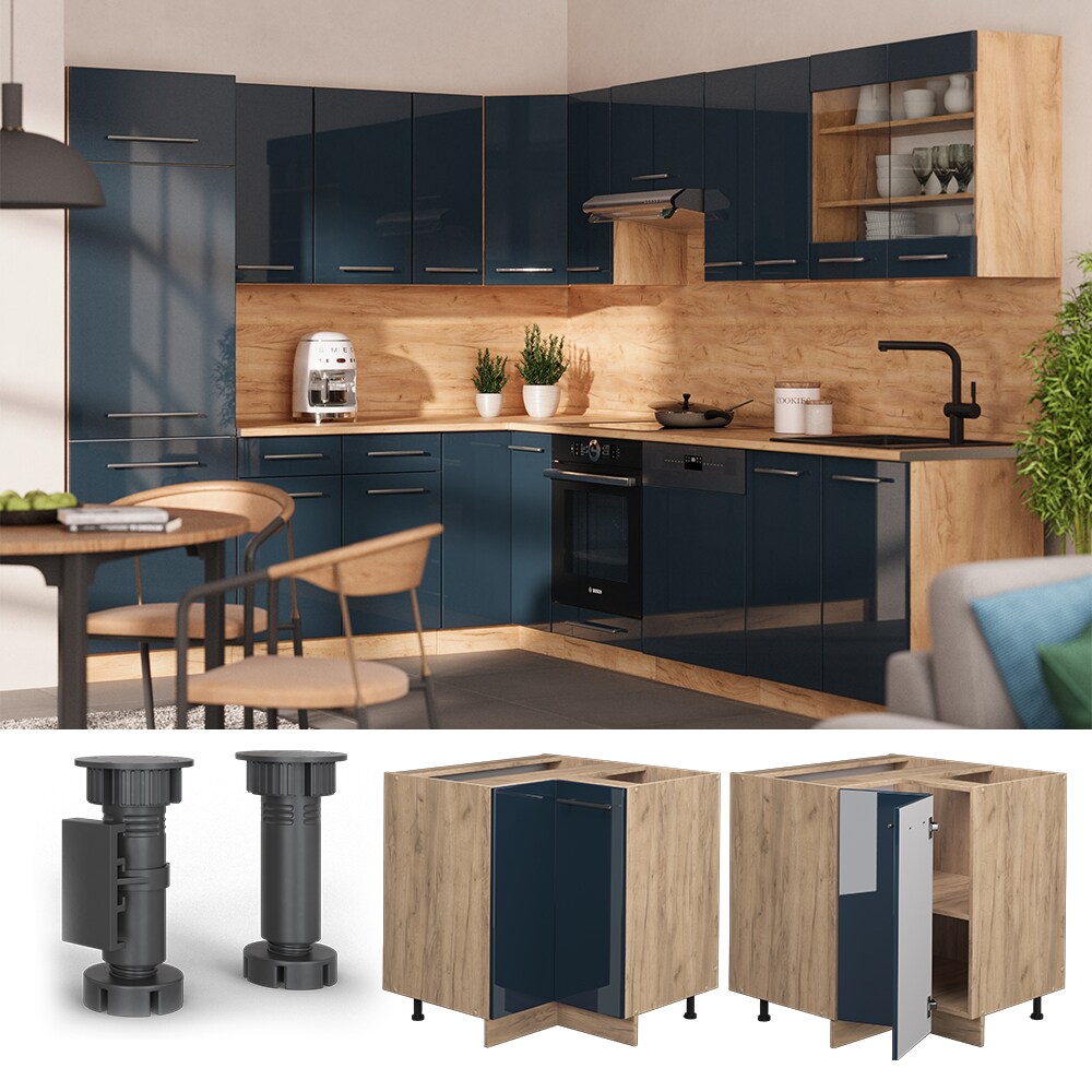 Vicco Eckunterschrank Fame-Line Eiche Dunkelblau Hochglanz 87 cm mit Arbeitsplatte Eiche