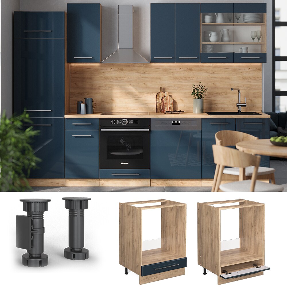 Vicco Herdumbauschrank Fame-Line Eiche Dunkelblau Hochglanz 60 cm mit Arbeitsplatte Eiche