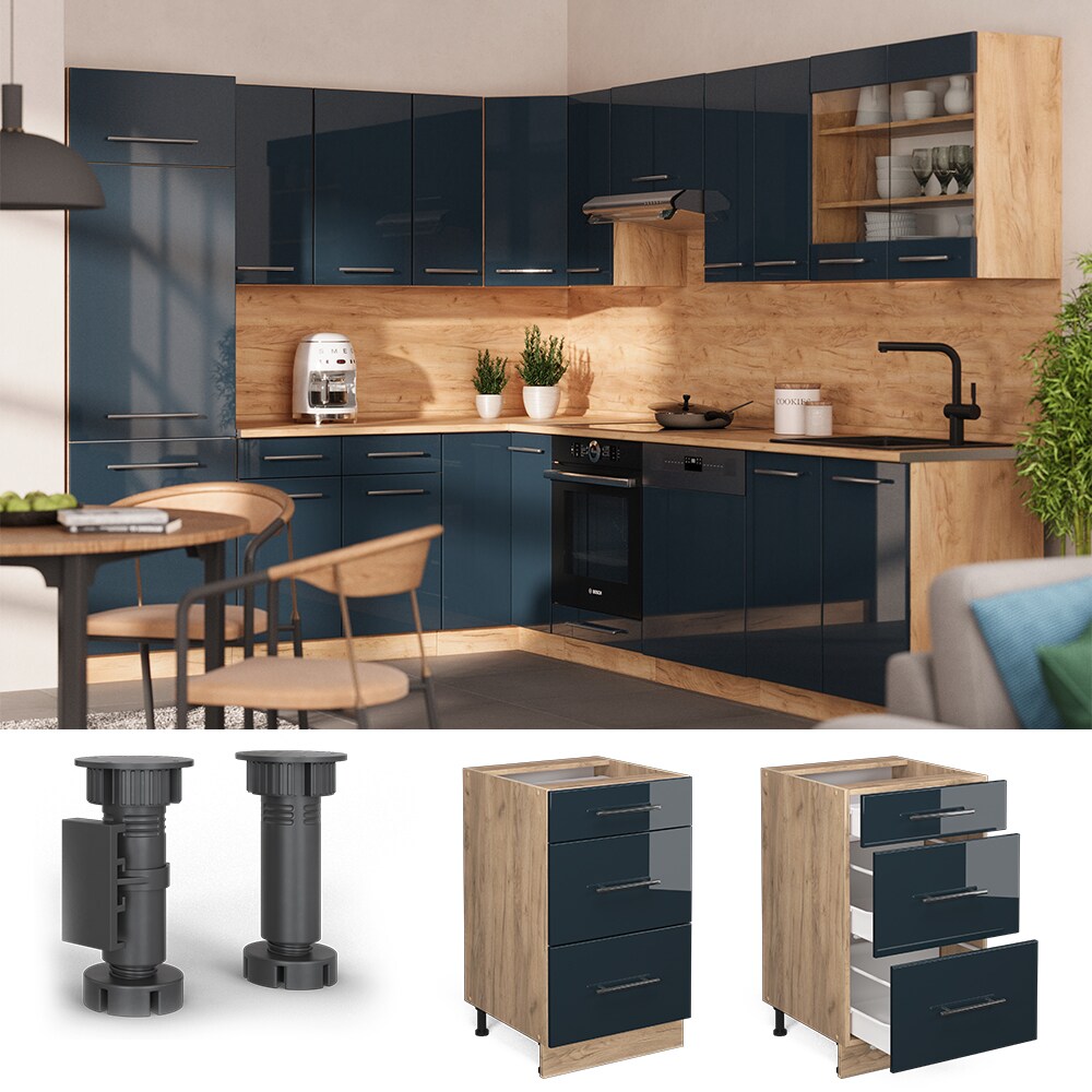 Vicco Schubladenunterschrank Fame-Line Eiche Dunkelblau Hochglanz 50 cm mit Arbeitsplatte Eiche