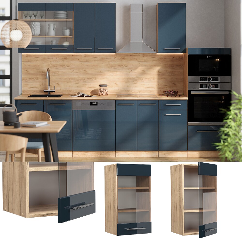 Vicco Glash&auml;ngeschrank Fame-Line Eiche Dunkelblau Hochglanz 40 cm - Bild 1