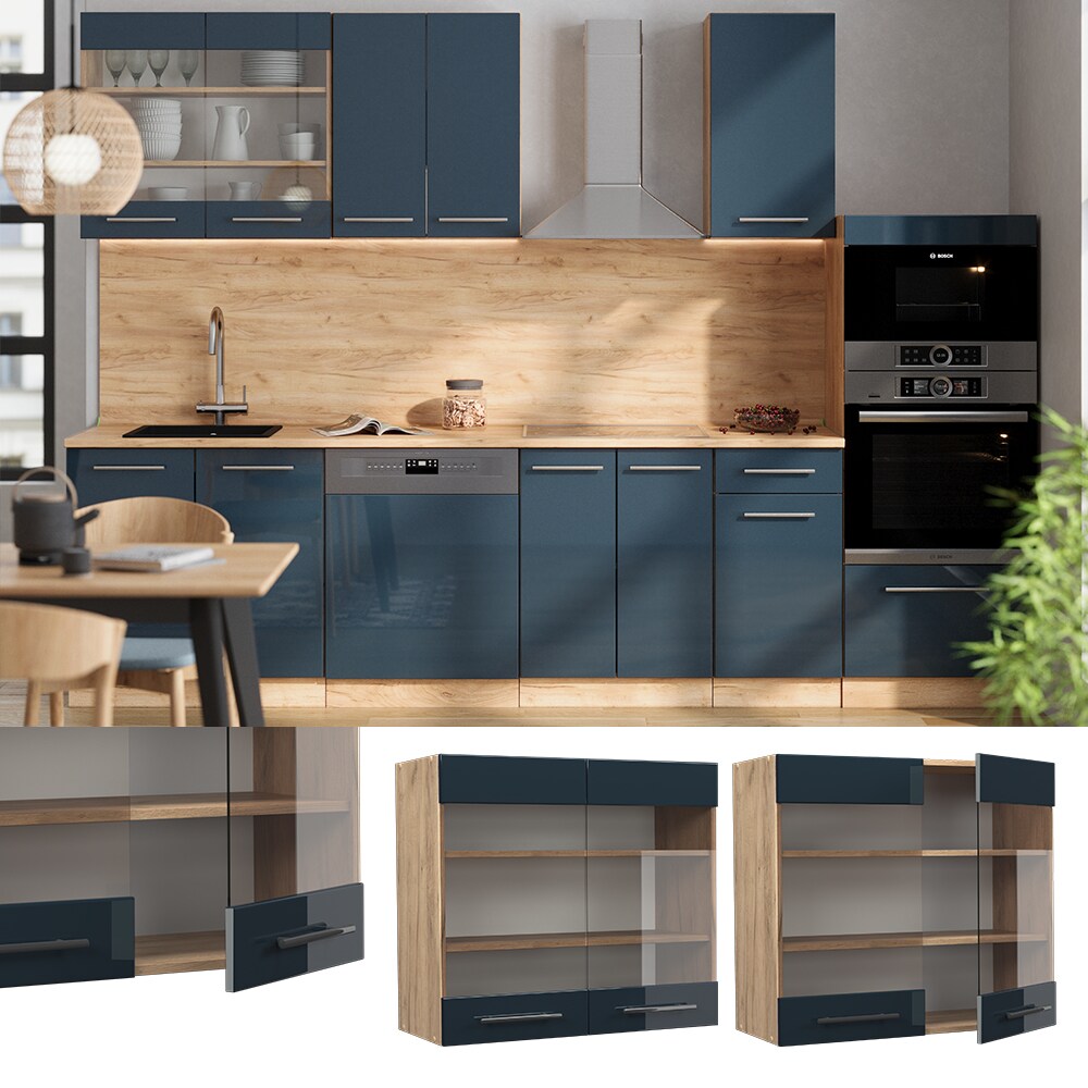 Vicco Glash&auml;ngeschrank Fame-Line Eiche Dunkelblau Hochglanz 80 cm - Bild 1