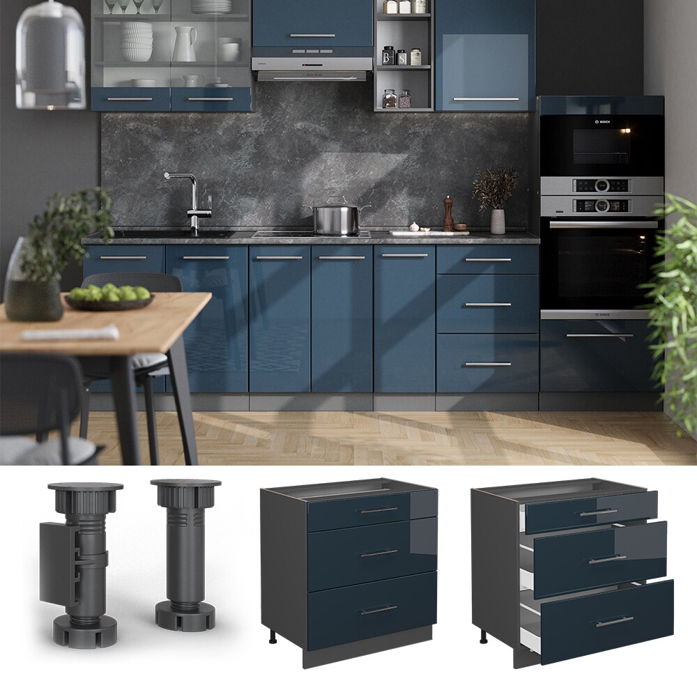 Vicco Schubladenunterschrank Fame-Line Anthrazit Dunkelblau Hochglanz 80 cm mit Arbeitsplatte Eiche - Bild 1