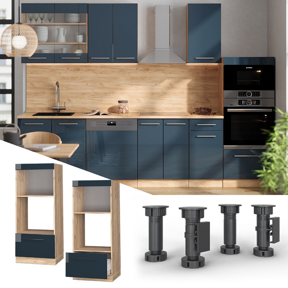 Vicco Mikrowellenschrank Fame-Line Eiche Dunkelblau Hochglanz 60 cm mit Schublade - Bild 1