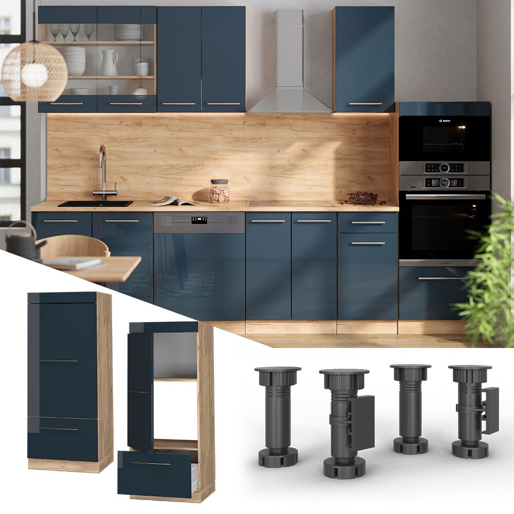 Vicco Mikrowellenschrank Fame-Line Eiche Dunkelblau Hochglanz 60 cm mit Schublade & T&uuml;r - Bild 1