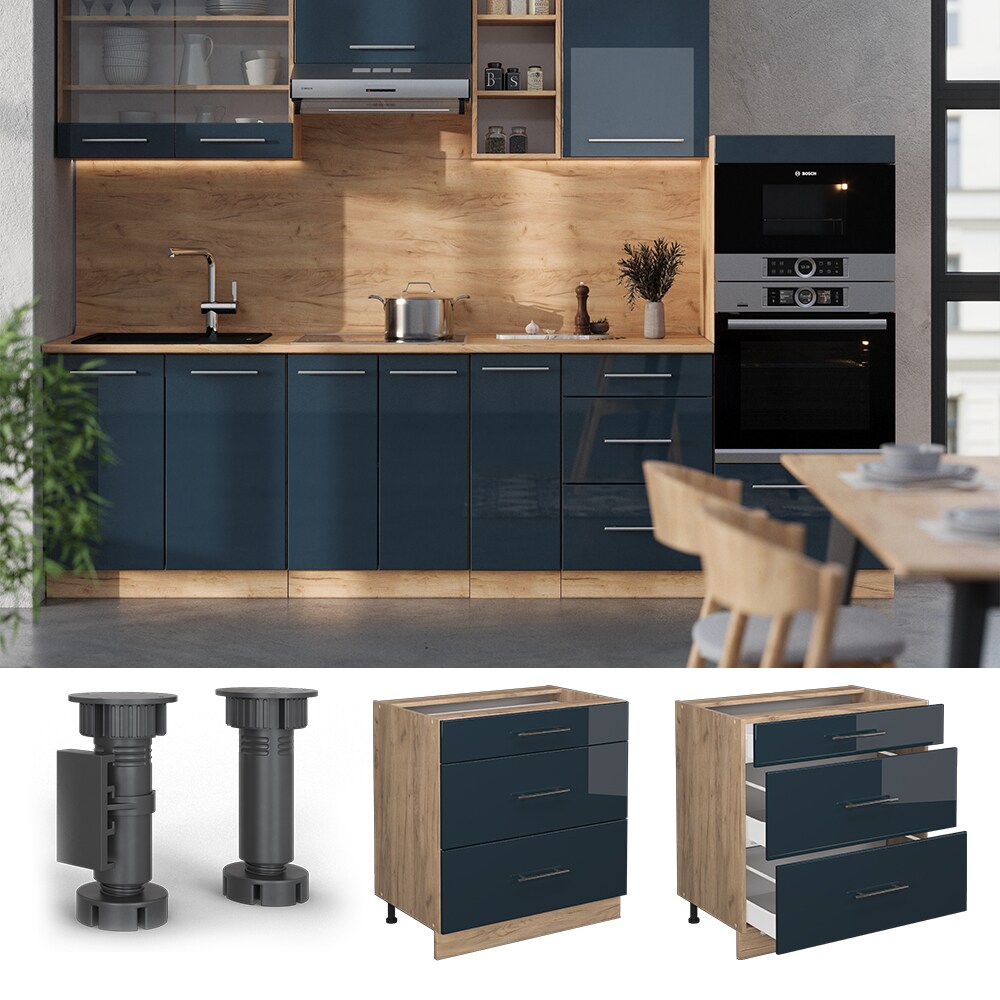 Vicco Schubladenunterschrank Fame-Line Eiche Dunkelblau Hochglanz 80 cm mit Arbeitsplatte Eiche