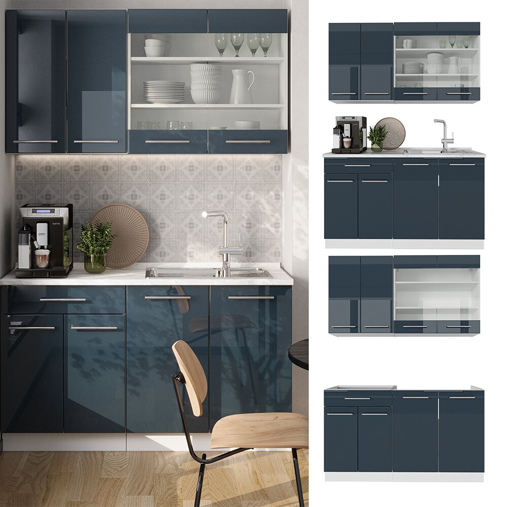 Vicco Küchenzeile Fame-Line Weiß Dunkelblau Hochglanz 140 cm mit Arbeitsplatte Eiche