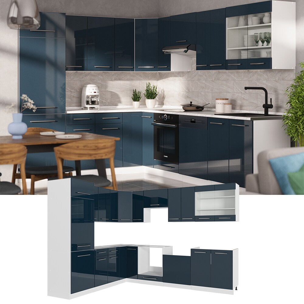 Vicco Eckk&uuml;che Fame-Line Wei&szlig; Dunkelblau Hochglanz 287x227 cm mit Arbeitsplatte Eiche - Bild 1