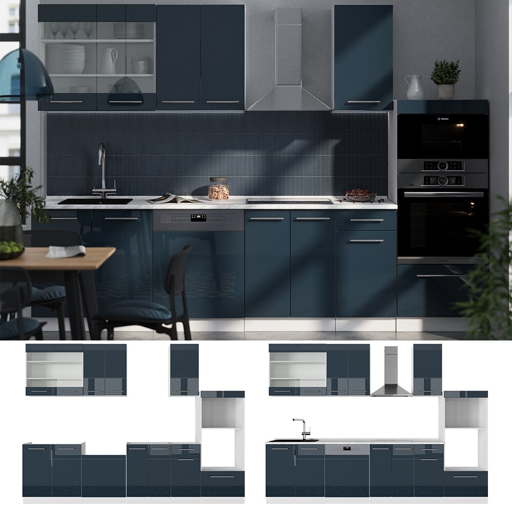 Vicco Küchenzeile Fame-Line Weiß Dunkelblau Hochglanz 300 cm ohne Arbeitsplatte