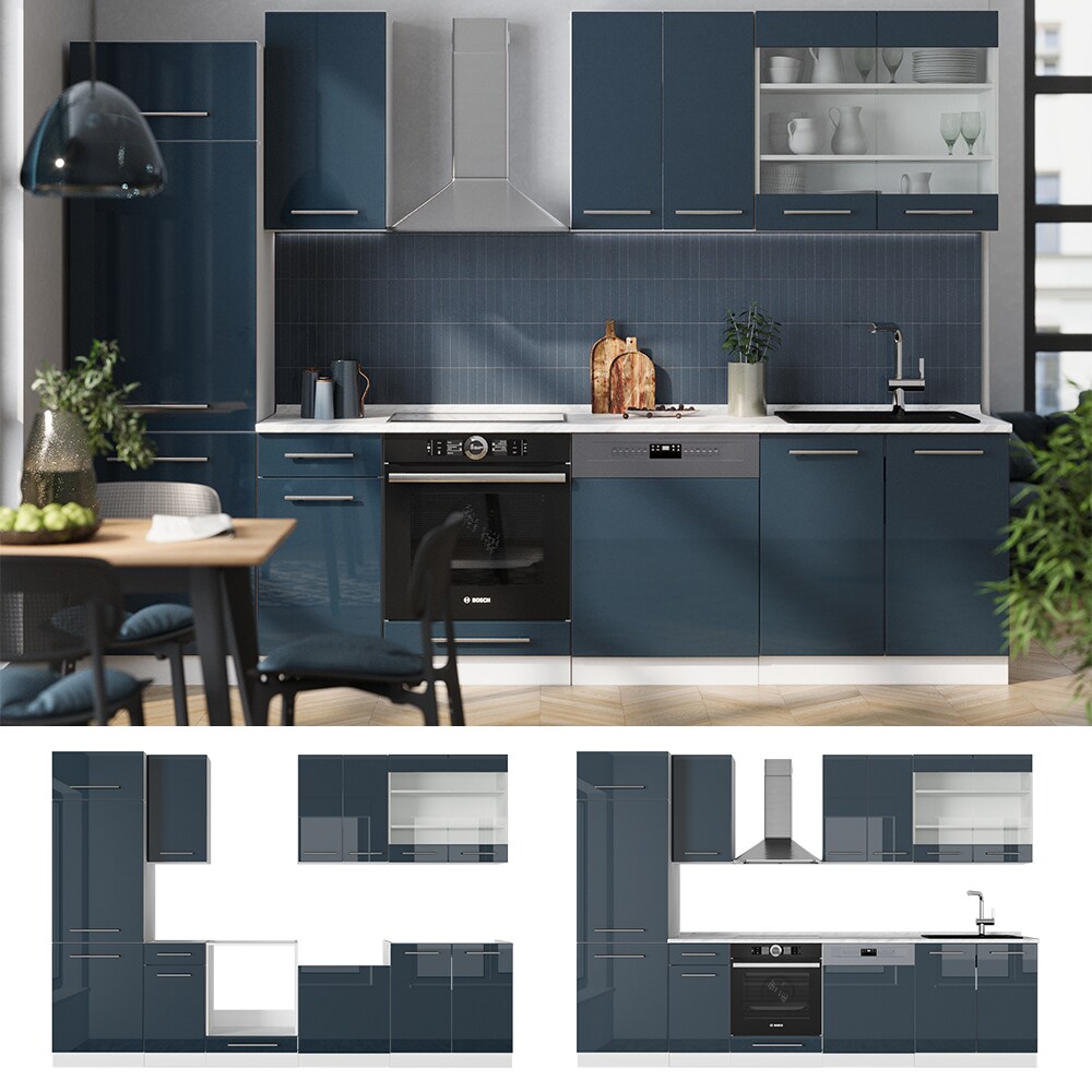 Vicco Küchenzeile Fame-Line Weiß Dunkelblau Hochglanz 300 cm mit Arbeitsplatte Eiche