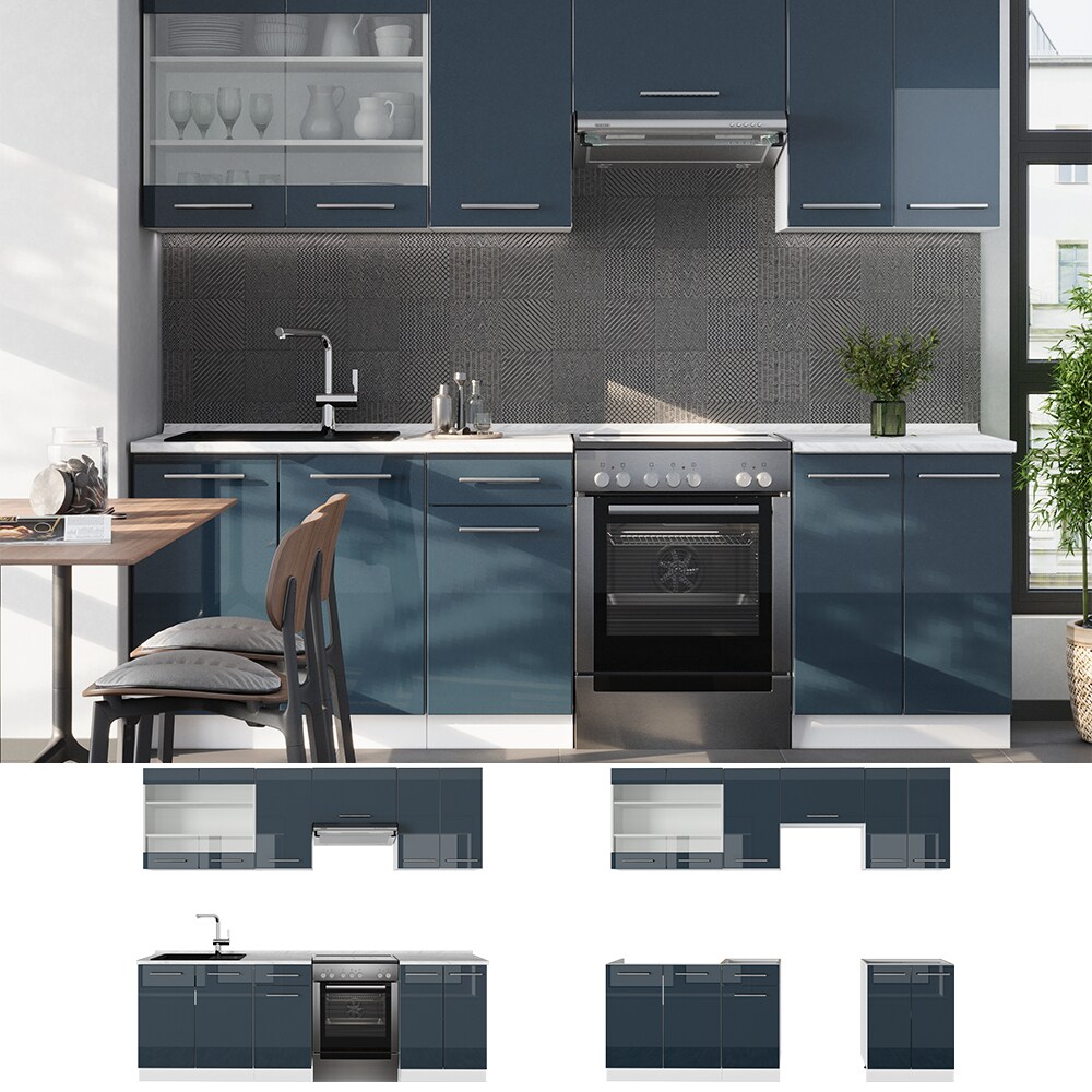 Vicco K&uuml;chenzeile Fame-Line Wei&szlig; Dunkelblau Hochglanz 240 cm mit Arbeitsplatte Eiche - Bild 1