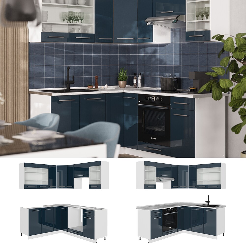 Vicco Eckküche Fame-Line Weiß Dunkelblau Hochglanz 160 x 190 cm mit Arbeitsplatte Anthrazit