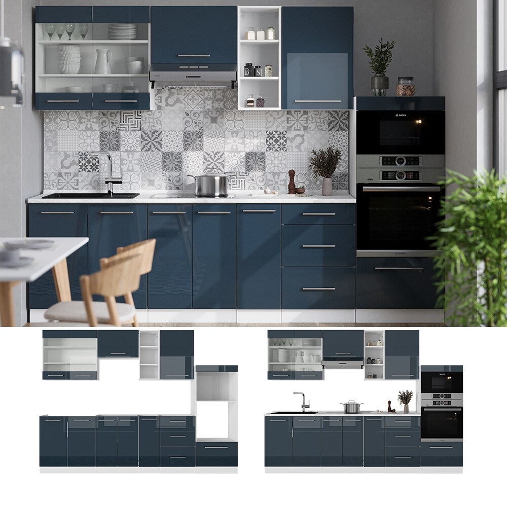 Vicco Küchenzeile Fame-Line Weiß Dunkelblau Hochglanz 280 cm mit Arbeitsplatte Anthrazit