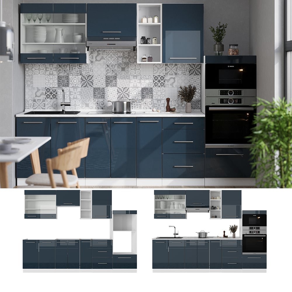 Vicco K&uuml;chenzeile Fame-Line Wei&szlig; Dunkelblau Hochglanz 280 cm mit Arbeitsplatte Eiche - Bild 1