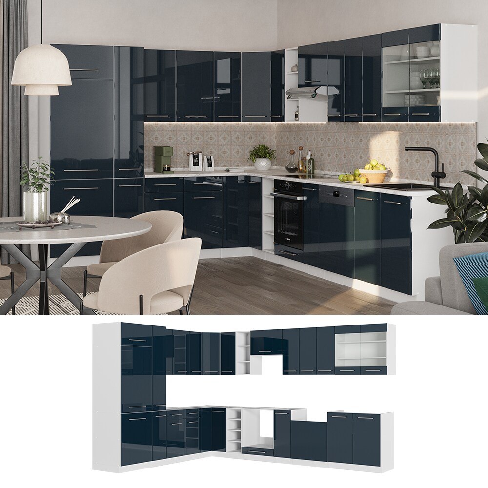 Vicco Eckk&uuml;che Fame-Line Wei&szlig; Dunkelblau Hochglanz 257x347 cm mit Arbeitsplatte Anthrazit - Bild 1